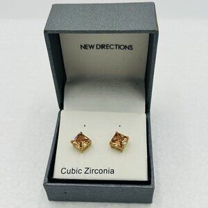 New Directions Square Amber Cubic Zirconia Earrings Studs Gold Tone NIB